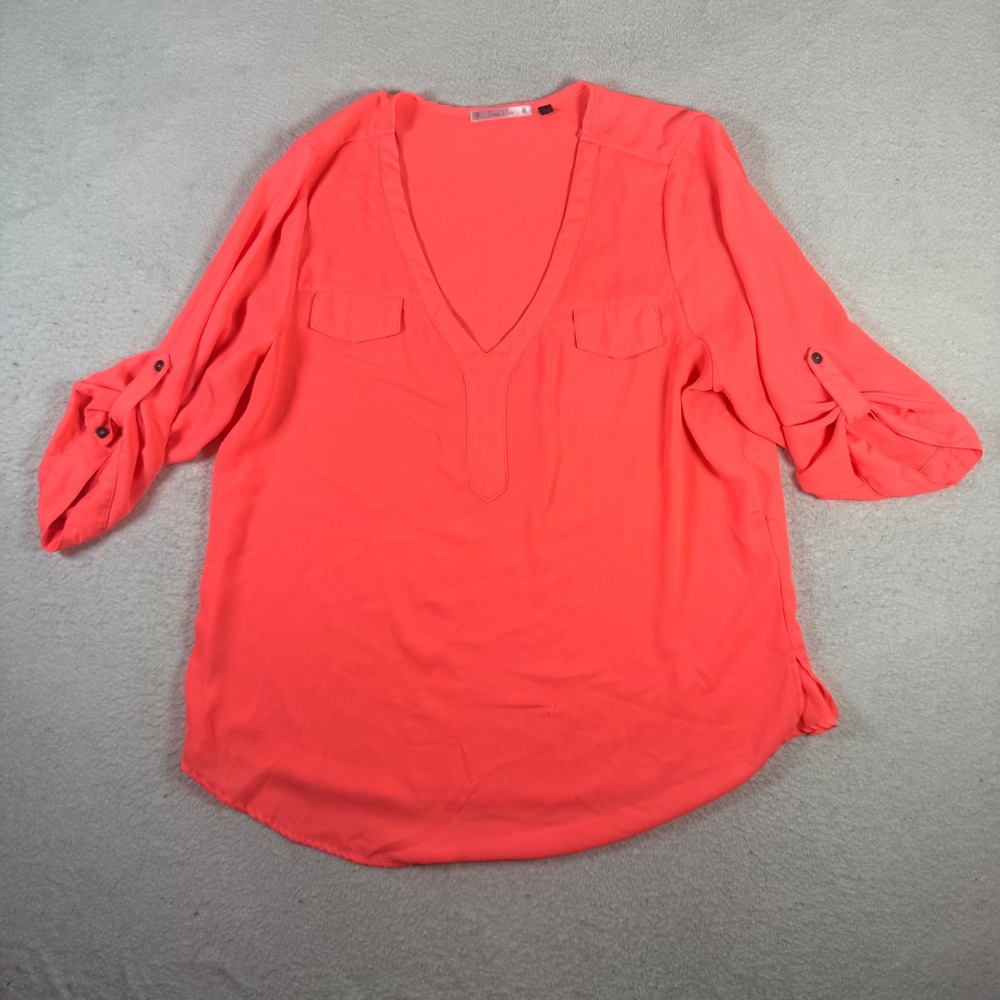 Free 2 Luv Blouse Womens 2X Neon Coral Good Roll Tab Sleeve V Neck Chiffon Style